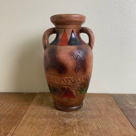 Vintage Egyptian Motif Hand Painted Vase With Handles Ceramic Pottery - Picture 6 of 6